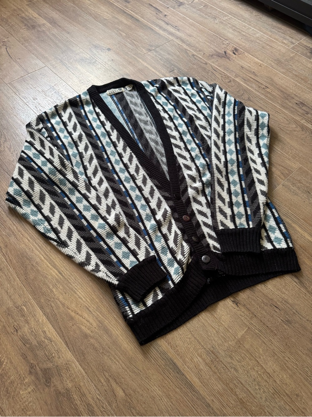 Vintage 90s Grandpa Cardigan Sweater Large Black Blue Coogi